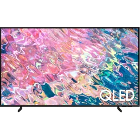 Samsung 85Q60B QLED 85 inç Ultra HD 4K TV, ekranda QLED yazısı ve renkli canlı görüntüyle vitrin modeli