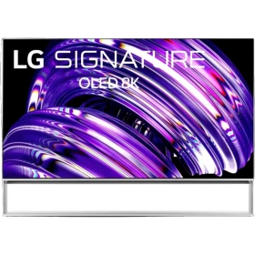 LG OLED88Z29LA Ultra HD 8K televizyon, OLED ekranlı canlı mor-mavi ışık temalı vitrin görünümü