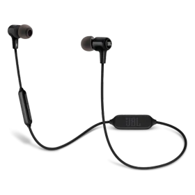 JBL E25BT Kablosuz siyah kulak içi kulaklık, boyun askısı ve kablo üzeri kumanda detaylarıyla