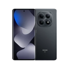 Xiaomi Redmi Note 15 5G siyah akıllı telefonun ön ve arka yüzü, büyük ekran ve dört kameralı tasarım