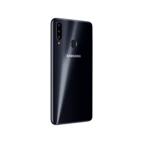 Samsung Galaxy A20s siyah akıllı telefonun arka yüzü, üçlü kamera modülü ve parmak izi sensörüyle