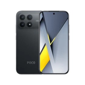 Siyah Poco F8 Pro akıllı telefonun ön ekranı ve çoklu arka kamera tasarımı ana vitrin görünümü