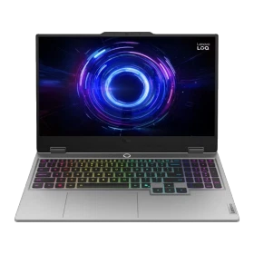 Gri Lenovo LOQ 15IRX10 83JE00EQTR-17 oyuncu laptop, açık ekranda RGB aydınlatmalı klavye ile önden görünüm