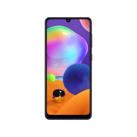 Samsung Galaxy A31 siyah akıllı telefon, önden ekran görünümü ve damla çentikli tasarım, vitrin görseli