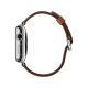 Apple Watch 42 mm gümüş paslanmaz çelik kasa, kahverengi klasik tokalı kayış ve yan görünüm