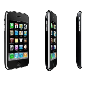 Siyah Apple iPhone 3GS akıllı telefon; ön ekranı açık, yan ve arka görünümüyle ürün detayları gösteriliyor