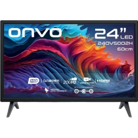 Onvo 24OV5002H HD Ready LED televizyon, siyah çerçeveli ve ayaklı tasarımıyla önden görünüm