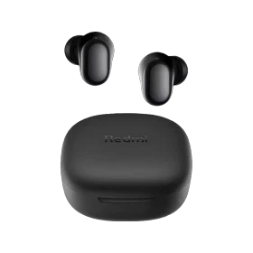Xiaomi Redmi Buds 6 Play tam kablosuz siyah kulaklık ve şarj kutusu birlikte gösteriliyor
