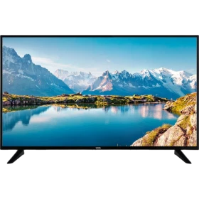Vestel 43U9402 Ultra HD 4K LED televizyon, dağ ve göl manzarası gösteren siyah ekranıyla önden görünüm