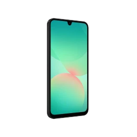 Samsung Galaxy A26 siyah akıllı telefon, önden görünüm, damla çentikli geniş ekran tasarımı