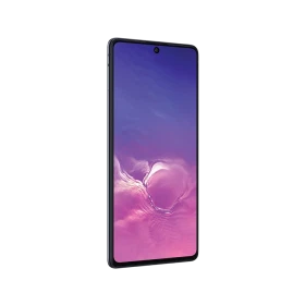 Samsung Galaxy S10 Lite siyah akıllı telefon, çerçevesiz ekran ve ön kamera deliğiyle önden görünüm