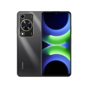 Siyah Huawei Enjoy 70S akıllı telefonun ön ve arka yüzü, geniş ekran ve büyük kamera modülüyle vitrinde