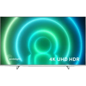 Philips 65PUS7956 Ultra HD 4K LED televizyon; ambilight aydınlatmalı ekranda 4K UHD HDR yazısı görünüyor