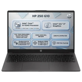HP 250 G10 250 G10 B39W4AT 002 siyah iş ofis laptop; klavye açık, özellikler ekran panelinde görünüyor