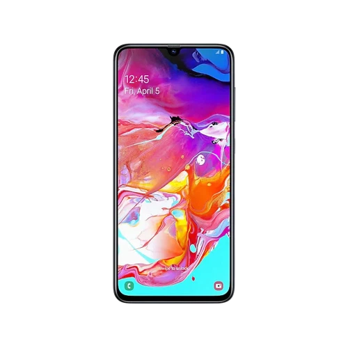 Siyah Samsung Galaxy A70 akıllı telefonun ön yüzü, çentikli ekran ve renkli duvar kâğıdı ile vitrin çekimi