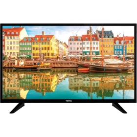 Vestel 39H8401 HD Ready HD TV, siyah çerçeveli LED televizyon; ekranda renkli liman manzarası bulunuyor