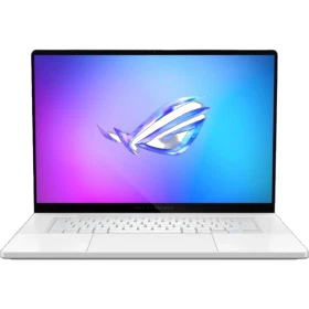 Asus ROG Zephyrus G16 GU605CR-QR204 beyaz oyuncu laptop; önde klavye ve ROG ekran görünümü