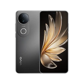 Vivo S20 siyah akıllı telefon, ön ekran ve arka kamera modülüyle vitrin görünümü
