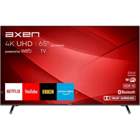 Axen AX65FIL240 Ultra HD 4K LED televizyon, 65 inç ekranı ve siyah ince çerçevesiyle önden görünüm