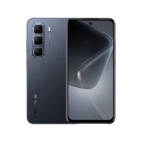 Infinix Hot 50 5G siyah akıllı telefon, ön ekran ve üçlü arka kamera tasarımıyla vitrin görünümü