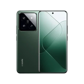 Yeşil Xiaomi 14 Pro akıllı telefonun ön ve arka yüzü, üçlü kamera modülü ve zarif ekran tasarımıyla.