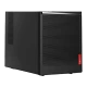 Lenovo V520 10NK001XTX siyah masaüstü bilgisayar kasası, delikli ön panel ve Lenovo logosuyla görünüyor