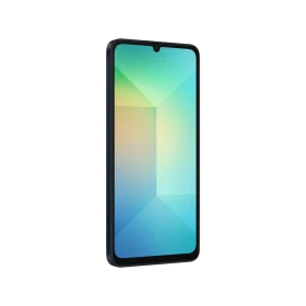 Samsung Galaxy A06 siyah akıllı telefon, ince çerçeveli geniş ekran ve damla çentik tasarımıyla önden görünüm