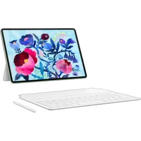 Huawei MatePad 11.5 S 2026 tablet gümüş renkli; çiçek temalı ekran ve ayrılabilir klavye görünümü.
