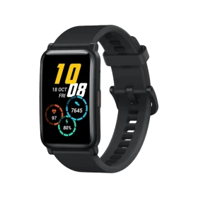 Honor Watch ES siyah akıllı saat, renkli sağlık göstergeleri bulunan dikdörtgen ekranıyla önden görünür.