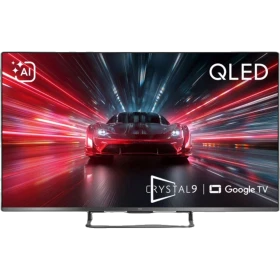 Beko B 955 C AI Ultra HD 4K TV, siyah çerçeveli ekranda kırmızı otomobil görüntüsüyle QLED ekranı gösteriyor