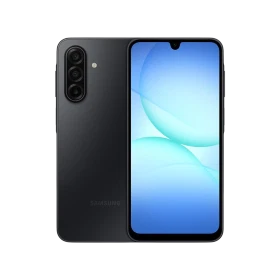 Samsung Galaxy A17 siyah akıllı telefonun ön ve arka yüzü, geniş ekran ve üçlü arka kamera tasarımı