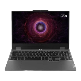Lenovo LOQ 15ARP9 83JC00FKTR CD60 gri oyuncu laptop, açık ekranlı önden görünüm ana ürün sunumu