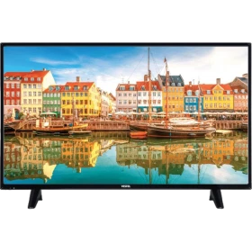 Vestel 32H8400 HD Ready LED televizyon, renkli liman manzarası gösteren siyah ekran ve ayaklar