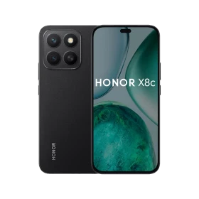 Honor X8C siyah akıllı telefonun ön ve arka görünümü, büyük ekran ve dörtlü kamera modülüyle vitrin görseli