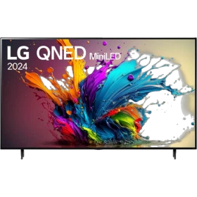 LG 75QNED91T6A Ultra HD 4K QNED MiniLED televizyon, canlı renkli splash arka planlı vitrin ekranı