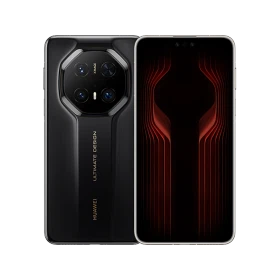 Huawei Mate 70 RS Ultimate siyah akıllı telefon, ön ve arka yüzüyle; büyük ekran ve çoklu kamera modülü