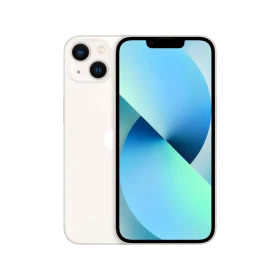 Beyaz Apple iPhone 13 akıllı telefon, önden ekran ve arkadan çift kamera tasarımıyla vitrin görünümü
