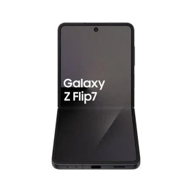 Siyah Samsung Galaxy Z Flip7 katlanabilir akıllı telefon, açık halde önden görünüm ve geniş ekran tasarımı