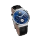 Huawei Watch Gümüş akıllı saat, gümüş kasa, mavi kadran ve siyah deri kayışla gösteriliyor