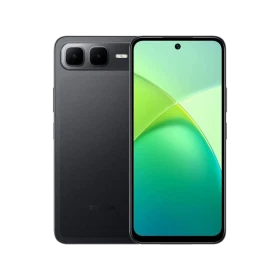 Siyah Infinix Smart 10 Plus akıllı telefon, ön ekran ve arka kamera tasarımını gösteren vitrin görünümü