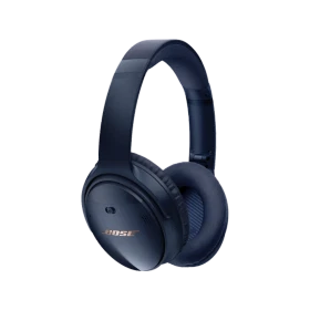 Bose QuietComfort 35 Kablosuz mavi kulaklık, yumuşak pedleri ve ayarlanabilir başlığıyla gösteriliyor