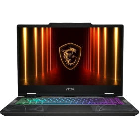 MSI Cyborg 15 B13WFKG-490XTR siyah oyuncu laptop; RGB klavye aydınlatmalı, ejderha temalı ekranda kalkan rozeti görünüyor