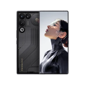 Siyah Nubia RedMagic 11 Air akıllı telefon, ön ekran ve detaylı arka tasarımıyla vitrin görünümü