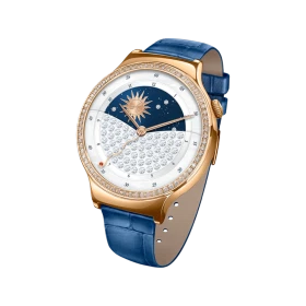 Huawei Watch Ladies Altın akıllı saat, altın renkli kasası ve lacivert deri kayışıyla önden görünüm