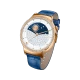 Huawei Watch Ladies Altın akıllı saat, altın renkli kasası ve lacivert deri kayışıyla önden görünüm