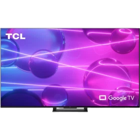TCL 75C745 Ultra HD 4K LED TV, mor neon arka planlı vitrin ekranı, Google TV logosu görünüyor