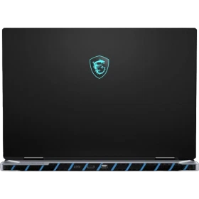 MSI Titan 18 HX A2WJ-1058TR siyah oyuncu laptop kapağında mavi ejderha logosu ve şerit detayları