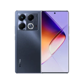 Infinix Note 40s siyah akıllı telefon, vitrin görseli; ön ekran ve arka kamera modülü görünümü