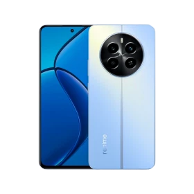 Realme 12 4G mavi akıllı telefon, ön ekran ve arka yüz tasarımı, yuvarlak çoklu kamera modülüyle önden görünüm