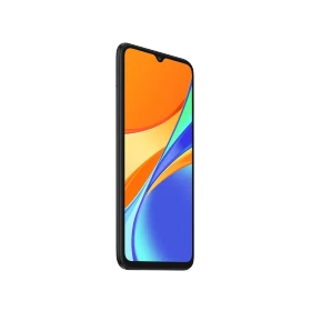 Xiaomi Redmi 9C siyah akıllı telefon, önden görünüm, çentikli ekran ve renkli arayüz tasarımı